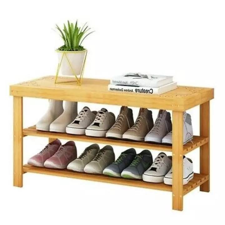 Multifunctional Bamboo Bench Shoe Rack 2 Shelves
