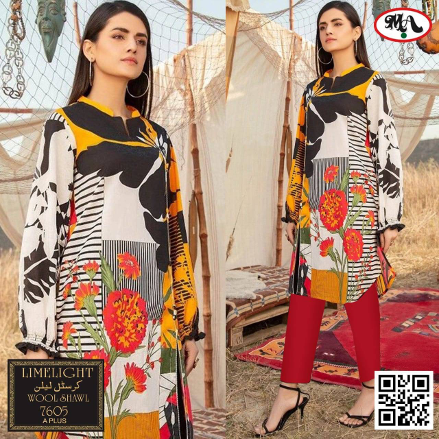 Lime Light Linen 3pcs With Wool Shawl Embroidery