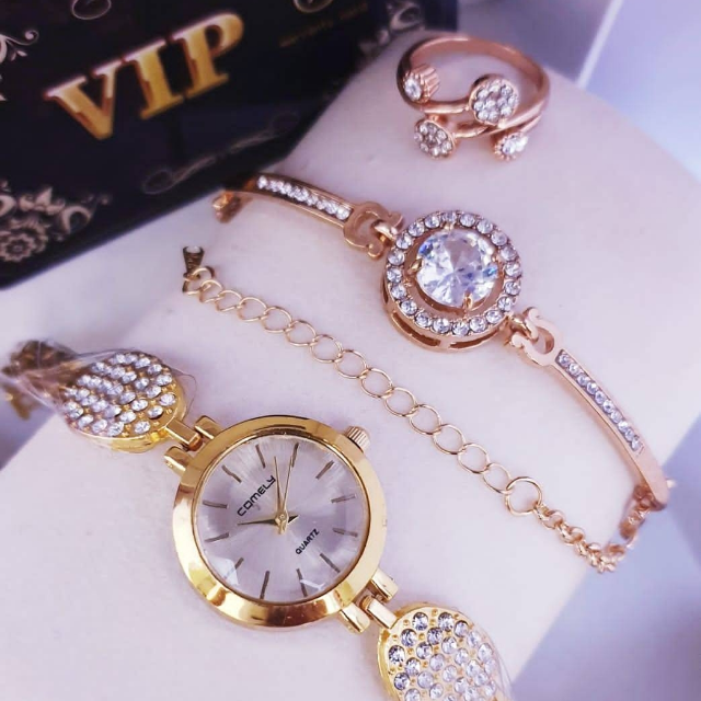 Watch With Stone Bracelet And Ring