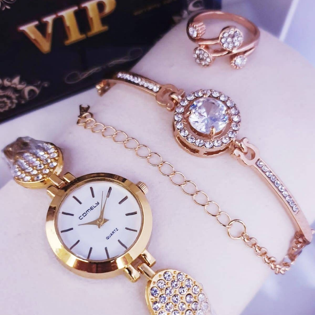 Watch With Stone Bracelet And Ring