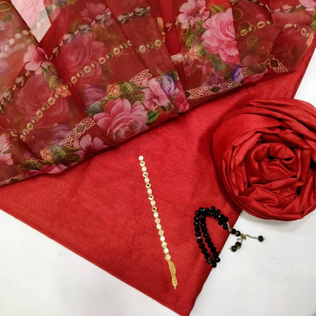 Raw Silk With Organza Dupatta 3PC