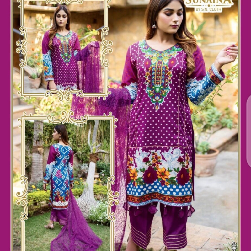 Malai linen 3 Piece Printed Shirt Printed Sleeves Net dupatta Plain trouser