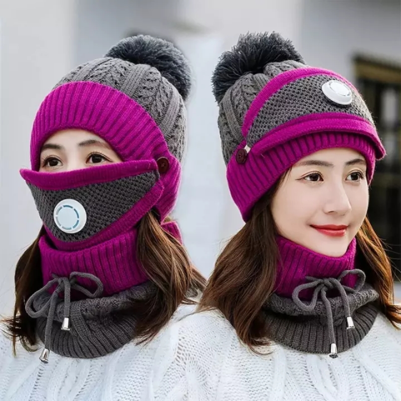 3 in 1 Winter Hat Scarf Set, Girls Knit Beanie Scarf Hat