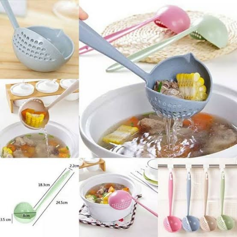 2 in 1 Long Handle Soup Spoon Home Strainer Creative Wheat Straw Cooking Co