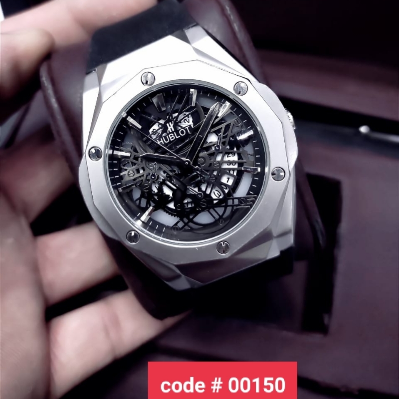 Hublot Diamond Cut Case Skeleton Dial Date Working Master Lock Strap Watch