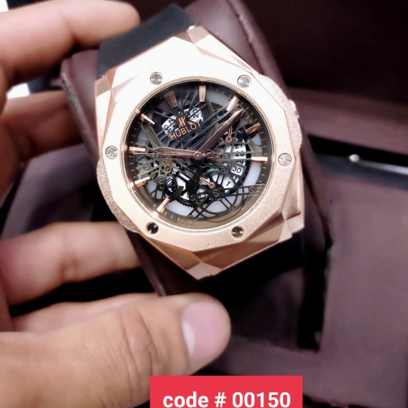 Hublot Diamond Cut Case Skeleton Dial Date Working Master Lock Strap Watch