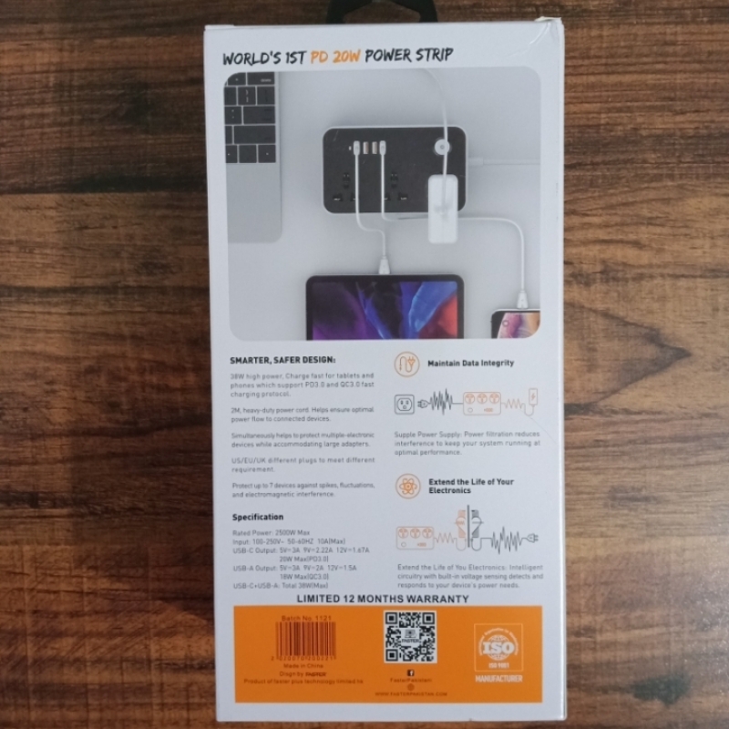 FASTER FUS-640 Power Strip Extension with PD + 3 x QC 3.0 USB Ports