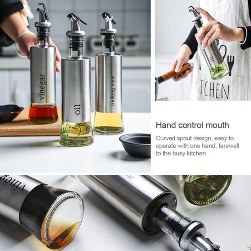 300ml Glass Oil Dispenser Stainless Steel Bottle Kitchen Cooking Oil Vinega