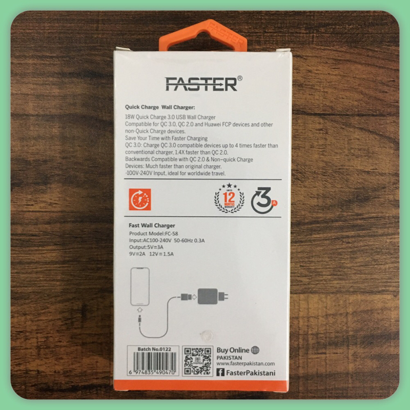 FASTER FC-58 Fast Charging Wall Adaptor 18W QC 3.0