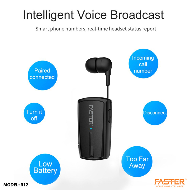 FASTER R-12 Wireless Bluetooth Stereo Headset Clip-on Earbuds Hands-free wi