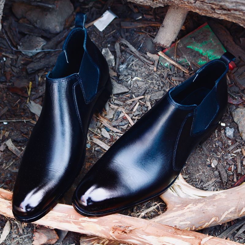 Black patina short chelsea boots