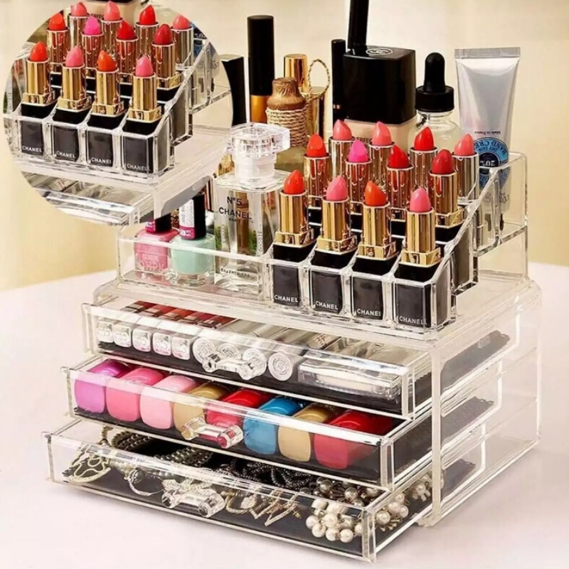 Acrylic 3 drawers 12 trapezoid lipstick makeup display stand cosmetic organ