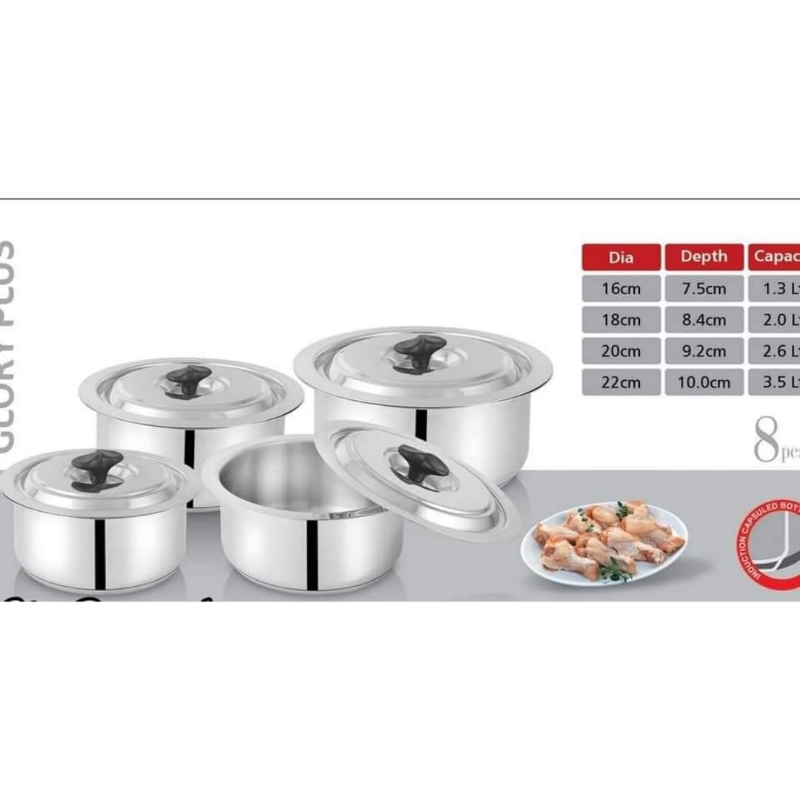 Alpha Stainless Steel 4pcs pot set Glory plus Heavy Weight Durable Three Layers Base Bottom 16cm__18cm__20cm__22cm