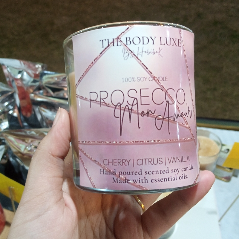 Prosecco, Mon Amour - Scented Metallic Soy Candle jar with crystals on top