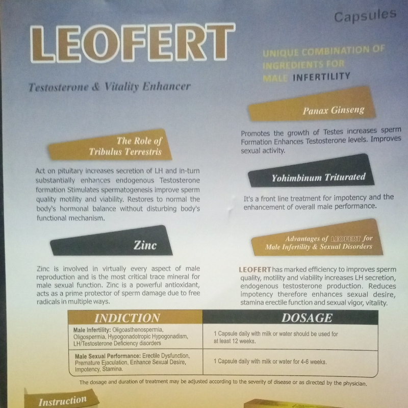 CAP LEOFERT TRIBULUS TERRESTRIS 500 +PANAX GINSENG 100+ L-ARGININE 120MG +GINKOBILOBA 100MG YOHIMBINE TRITURATED 20 MG + ZINC 15 MG CAPSULE