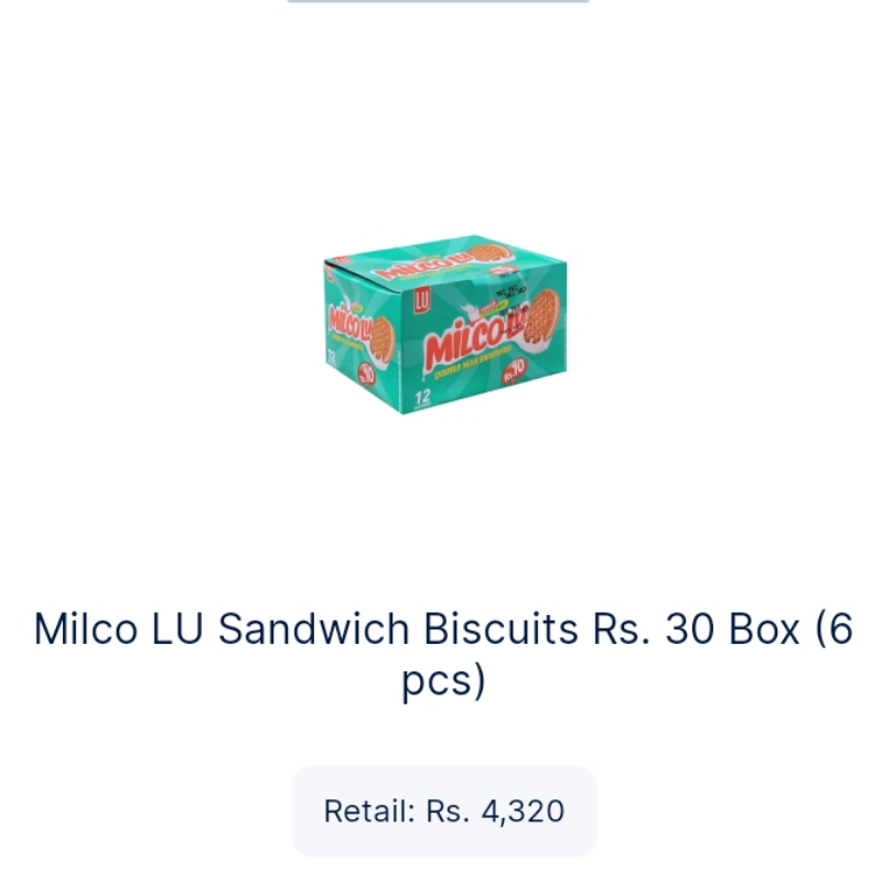 Milco LU Sandwich biscuits Rs30 box 6pcs