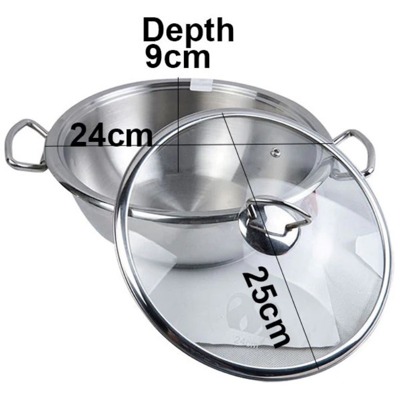 Alpha Stainless Steel Wok Durable Three Layers Base Bottom Glass Lid & Steel lid