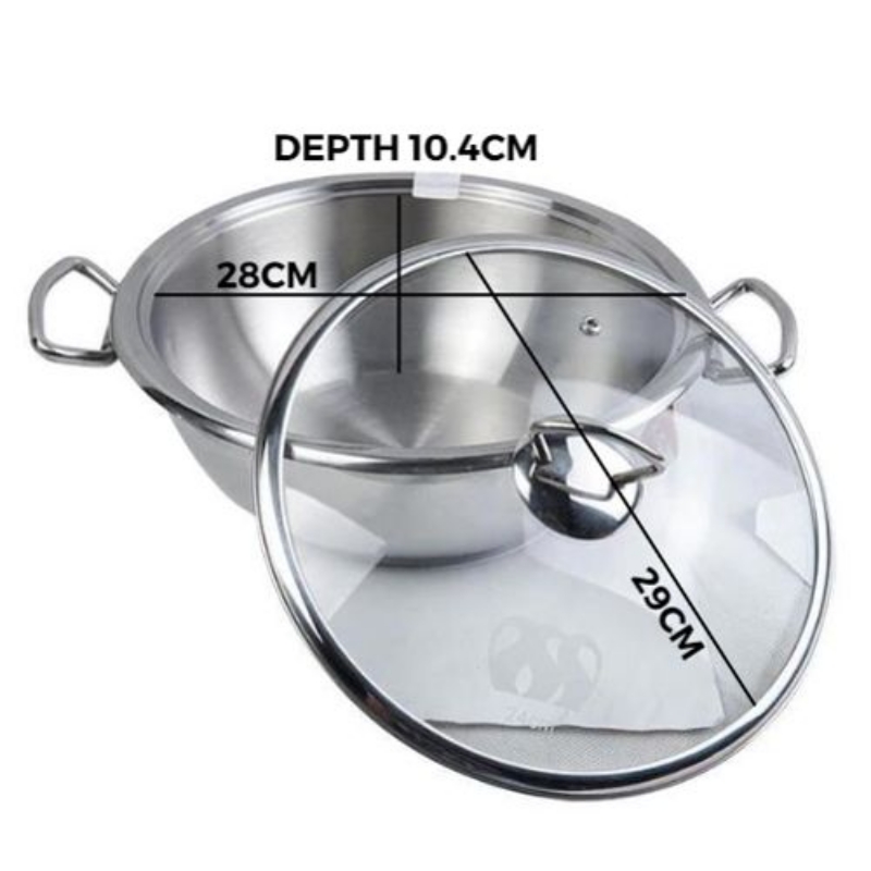 Alpha Stainless Steel Wok Durable Three Layers Base Bottom Glass Lid & Steel lid