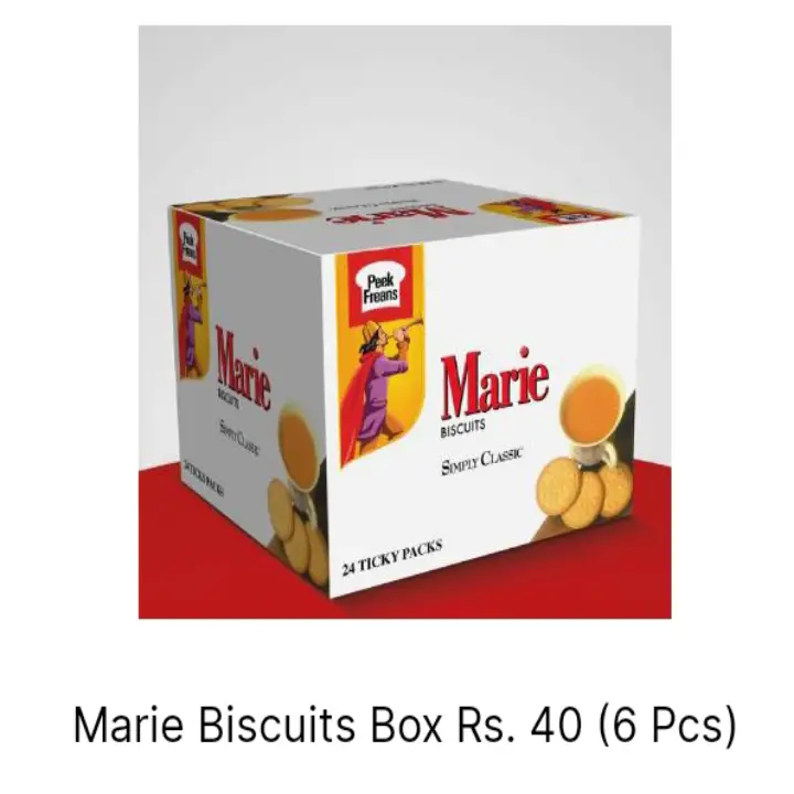 Marie biscuits box Rs 40 (6pcs)
