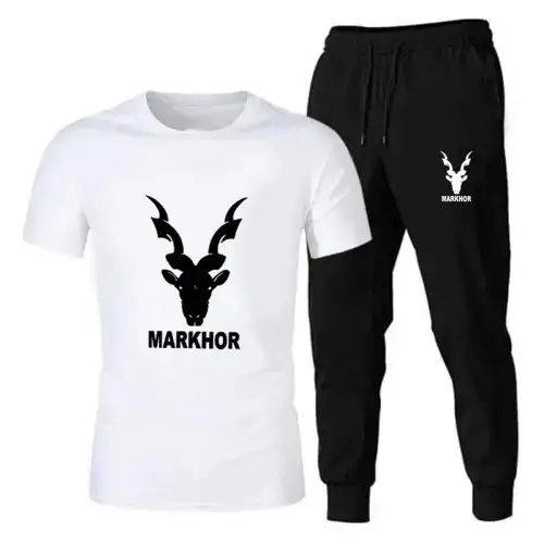 White Markhor Printed T-Shirt Trouser Summer Tracksuit For Men