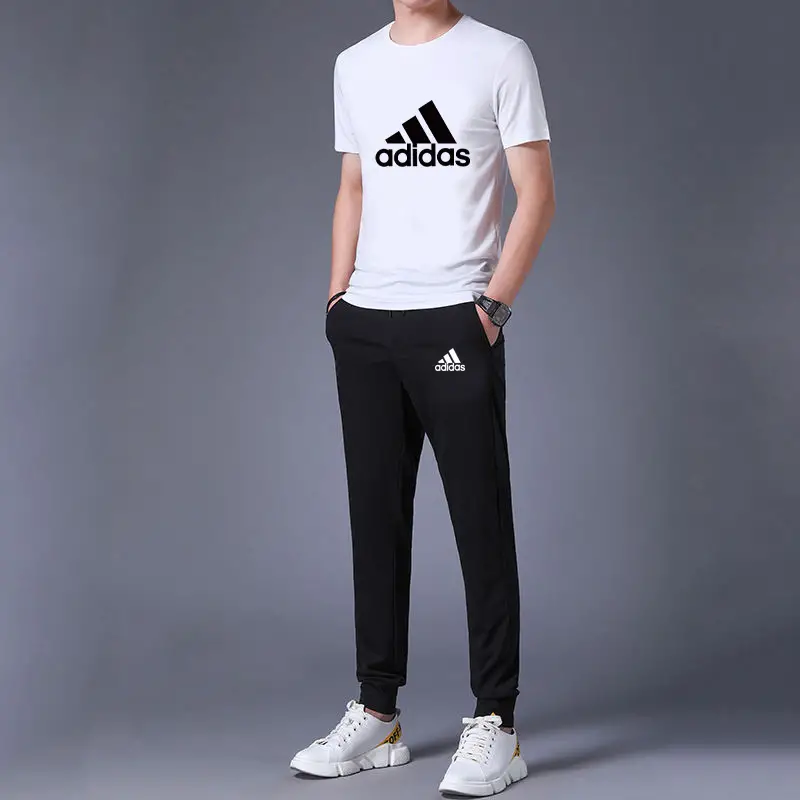 White Adidas Printed T-Shirt Trouser Summer Tracksuit For Men