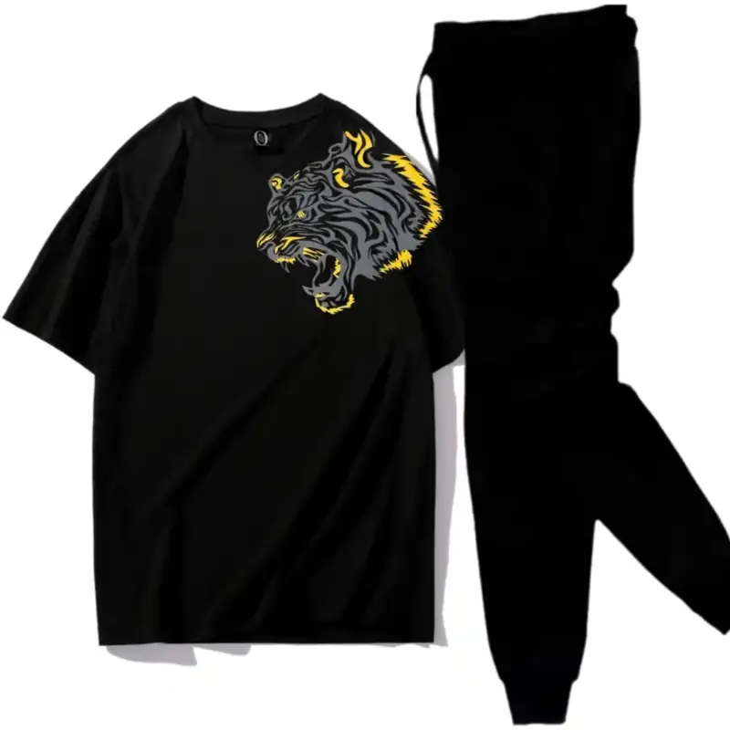 LION Black Printed T-Shirt Trouser Summer Tracksuit For Men