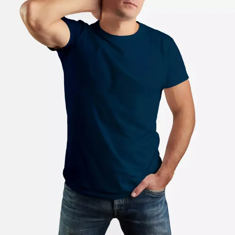 Navy Blue Basic Sports Polyester Fabric T-Shirt For Men