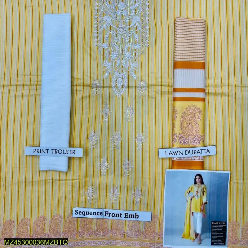 3 Pcs Women's Unstitched Lawn Embroidered Suit