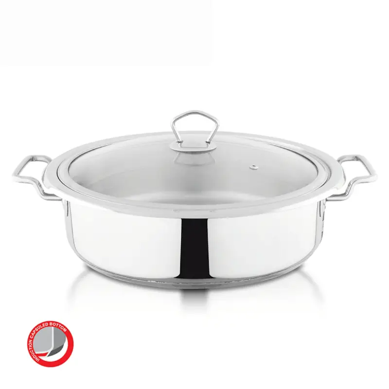 Alpha Stainless Steel Durable Three Layers Base Bottom Flat Wok & Fish Pot