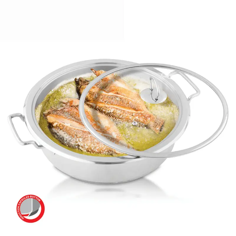 Alpha Stainless Steel Durable Three Layers Base Bottom Flat Wok & Fish Pot