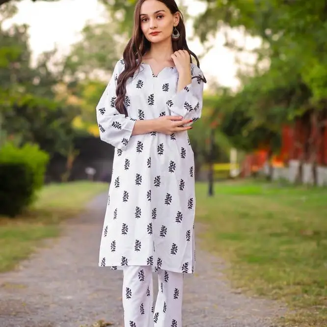 2pcs women's stitched linen Block printed suit
