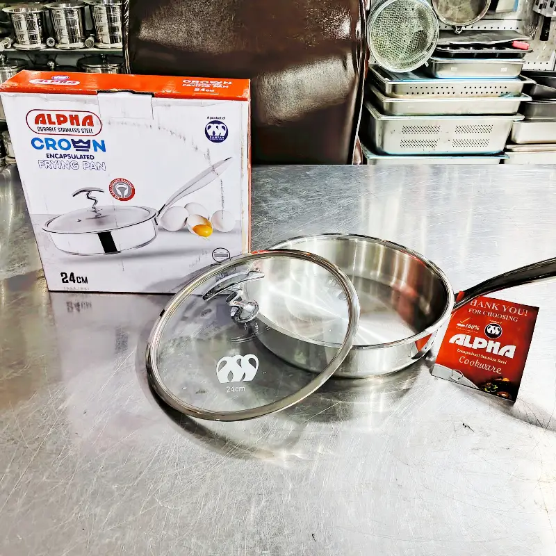 Alpha Stainless Steel fry pan Durable Three Layers Base Bottom glass lid & steel lid
