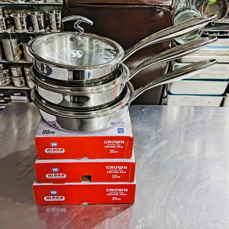 Alpha Stainless Steel fry pan Durable Three Layers Base Bottom glass lid & steel lid