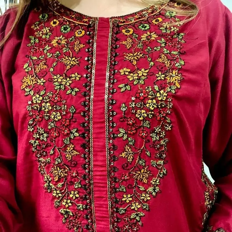 2 Psc Women's Stitched Linen Embroidered Suit