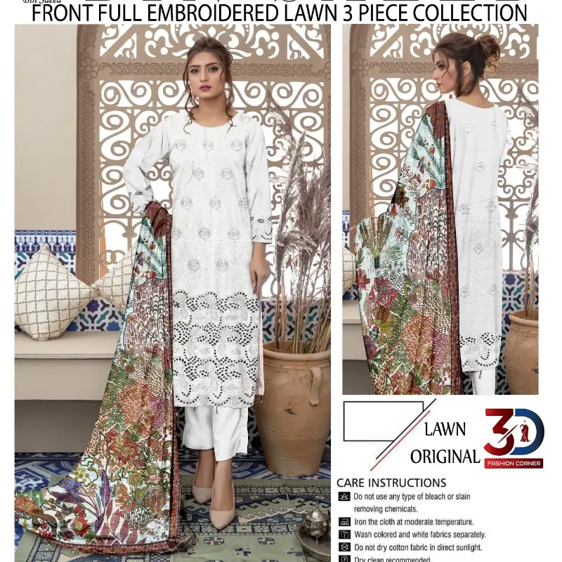 Boring Embroidered Shirt Embroidered Boring Back & Bazo, with Diamond Slub Printed Dupatta and Dyed Cotton Trouser 3PC  10 Suits Set Rs. 32500 only  A High Quality Product   what's App 0342-5977722