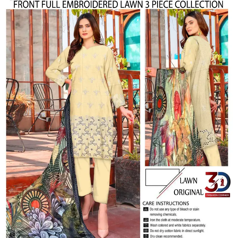 Boring Embroidered Shirt Embroidered Boring Back & Bazo, with Diamond Slub Printed Dupatta and Dyed Cotton Trouser 3PC  10 Suits Set Rs. 32500 only  A High Quality Product   what's App 0342-5977722