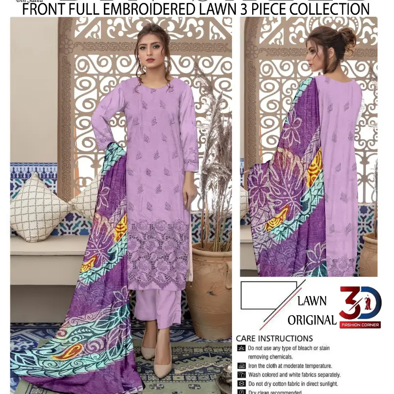 Boring Embroidered Shirt Embroidered Boring Back & Bazo, with Diamond Slub Printed Dupatta and Dyed Cotton Trouser 3PC  10 Suits Set Rs. 32500 only  A High Quality Product   what's App 0342-5977722