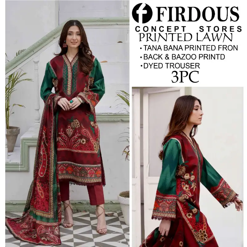 Doria Lawn (Tana Bana) Digital Printed Lawn 3pc With Dyed Trouser