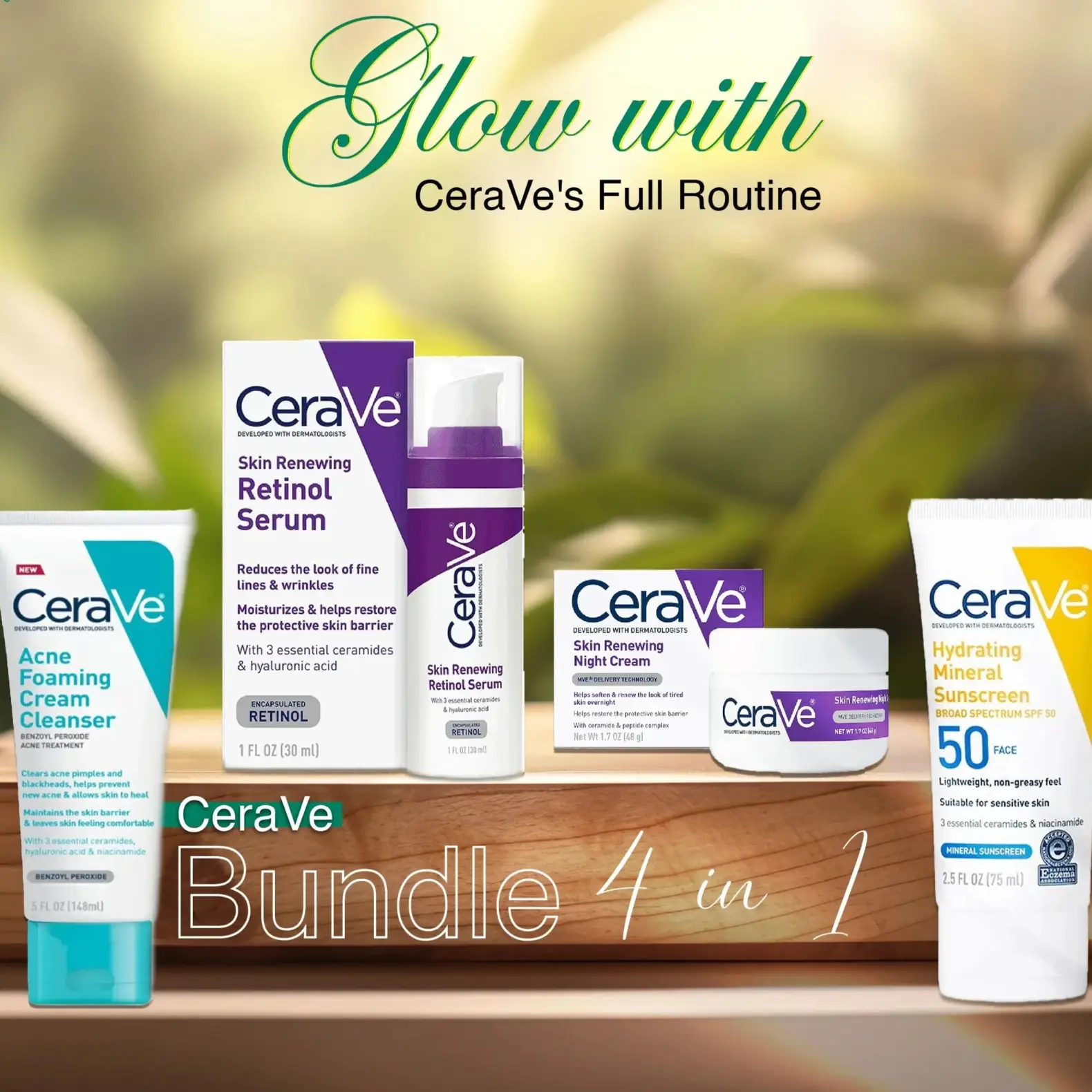 100% Original Cerave 4 In 1 Skincare Kit ( Night Cream, Sunblock, Cleanser & Serum ) For Radiant Skin
