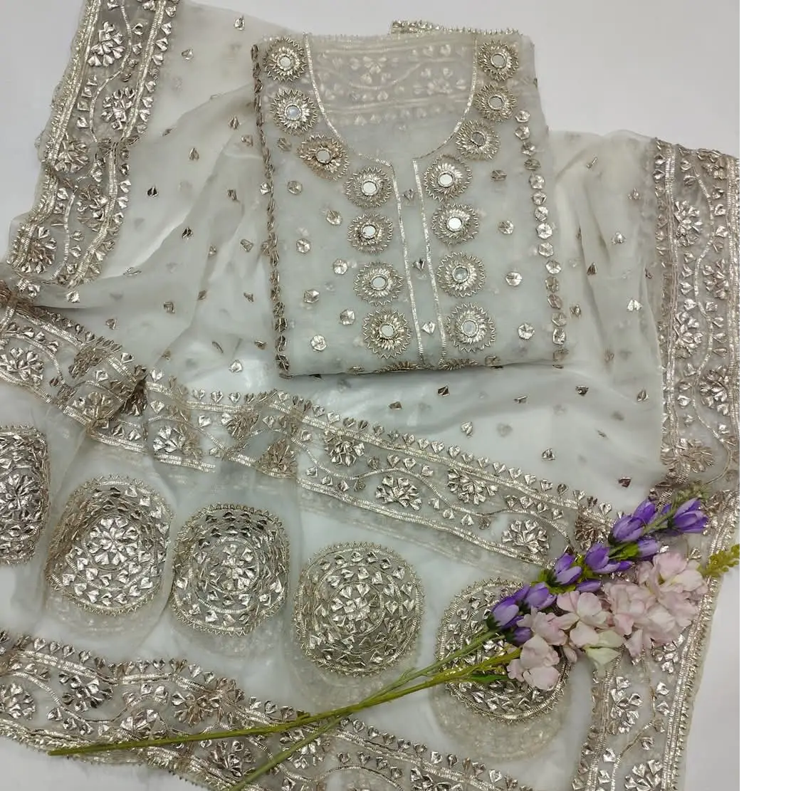 Rose Gold Gotta & Mirror Work 2PC  Pure Organza Luxury Edition