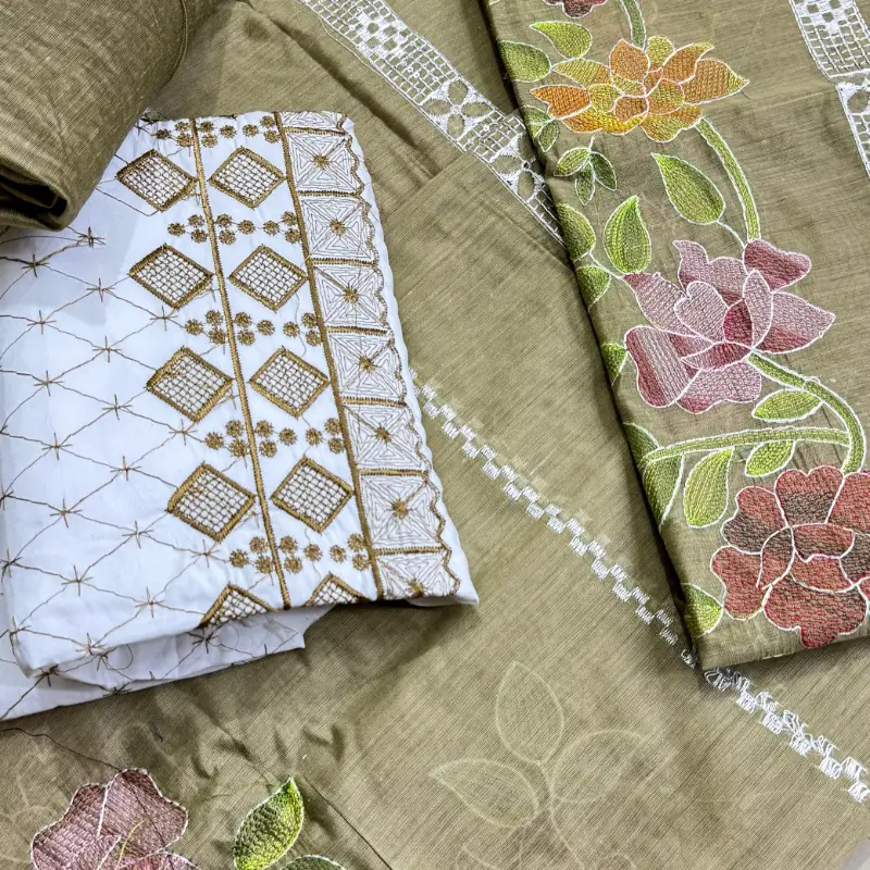 Beautiful Kacha Style 3Pc Embroidered Pepper Cotton Suit  Summer Collection