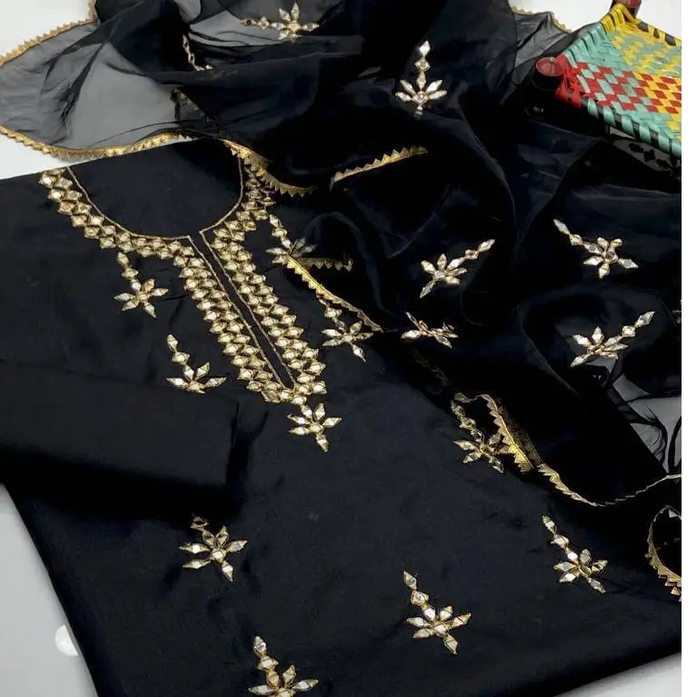 3 Pcs Women's Unstiched Katan Silk Embroidered Suit