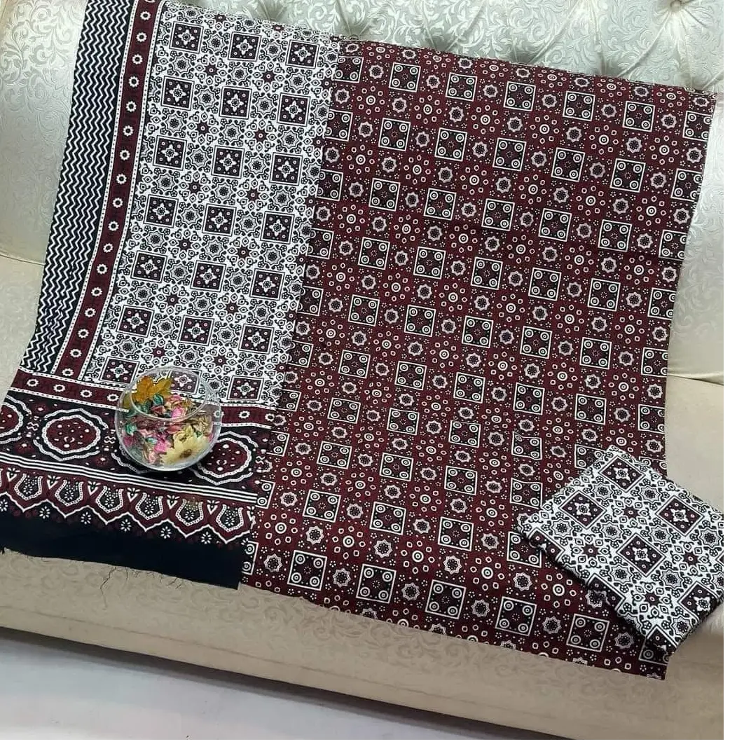 Premium Handmade Ajrak 3PC Cotton Suit  Heritage Elegance