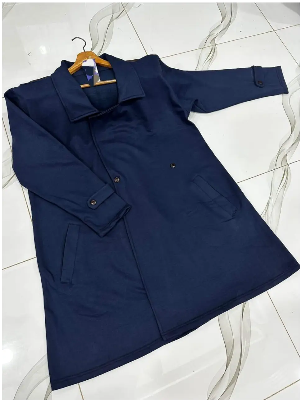 Stylish blue Fleece Trench coat for women.