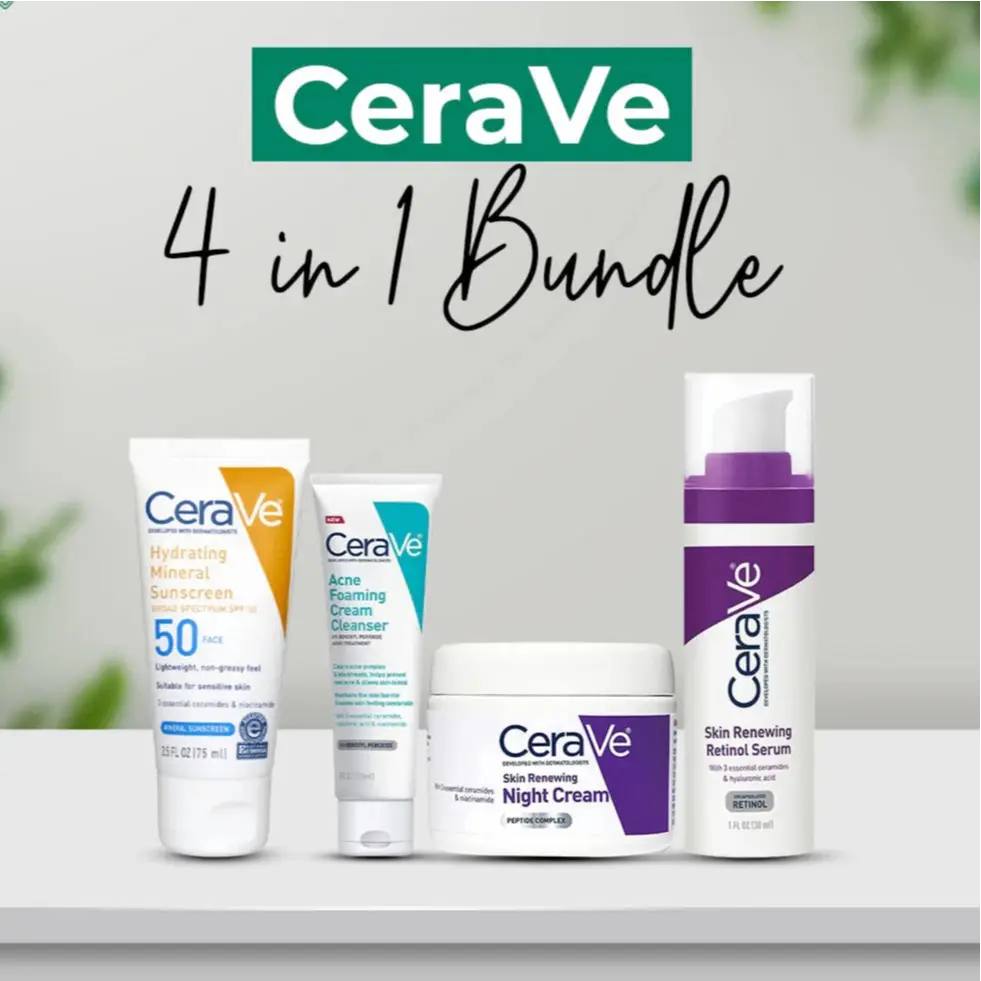 100% Original Cerave 4 In 1 Skincare Kit ( Night Cream, Sunblock, Cleanser & Serum ) For Radiant Skin