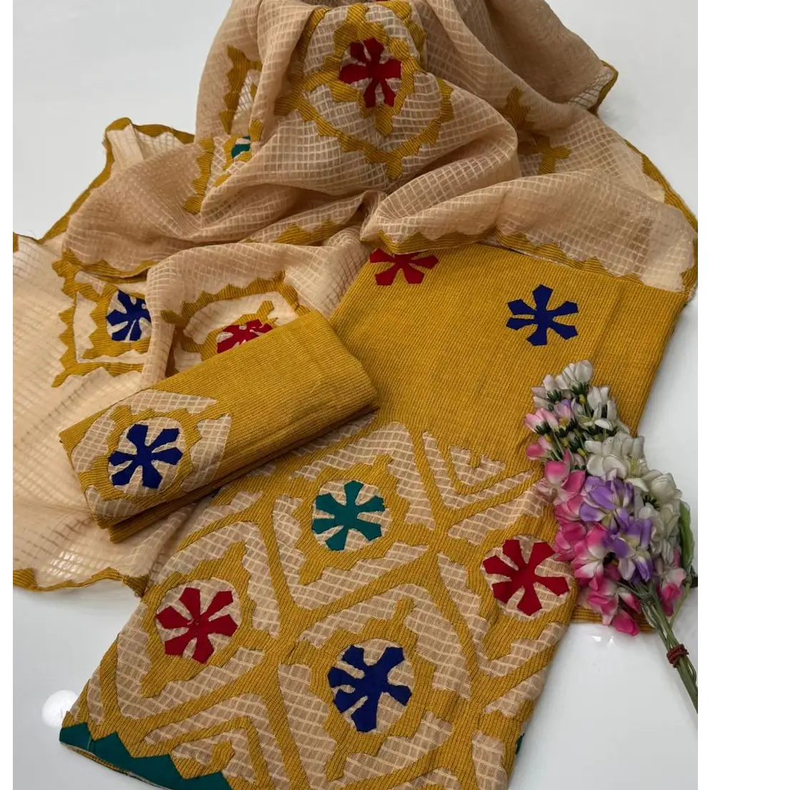 Hand Appliqu 3PC Suit  Pure Lawn with Khaadi Net Dupatta