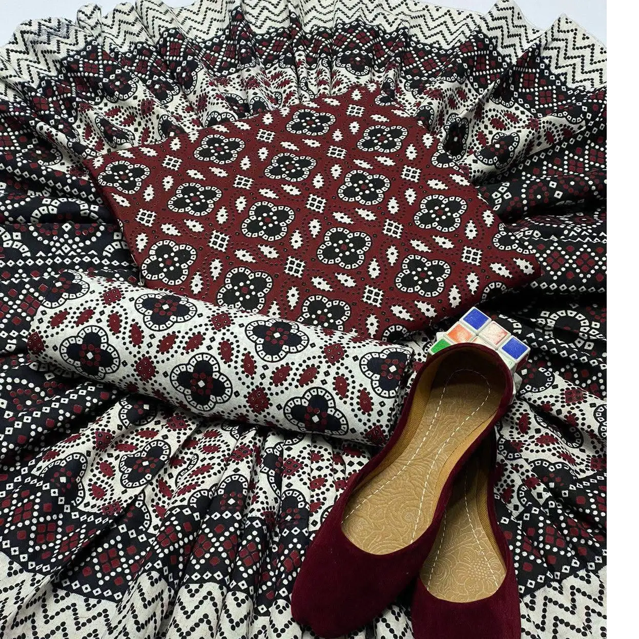 Premium Handmade Ajrak 3PC Cotton Suit  Heritage Elegance