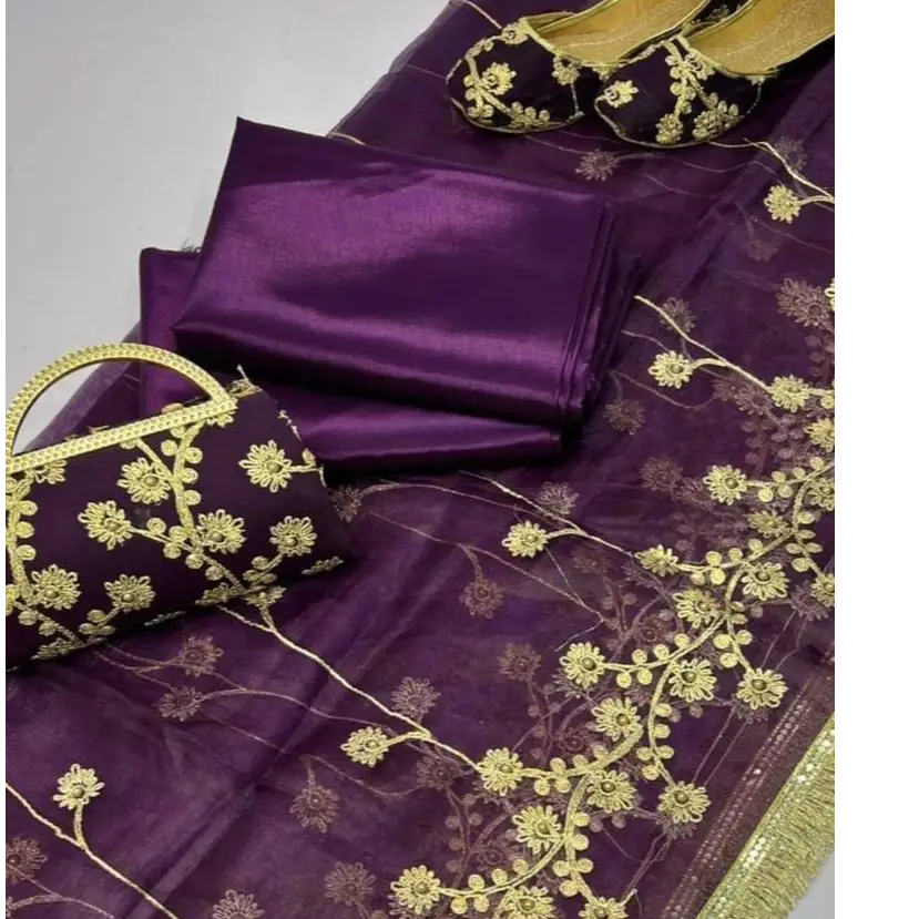 3 Pcs Women's Unstiched Fancy Katan Silk Plain Suit With Khussa