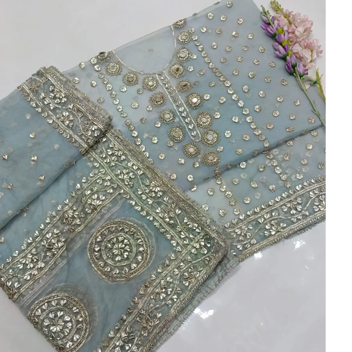 Rose Gold Gotta & Mirror Work 2PC  Pure Organza Luxury Edition