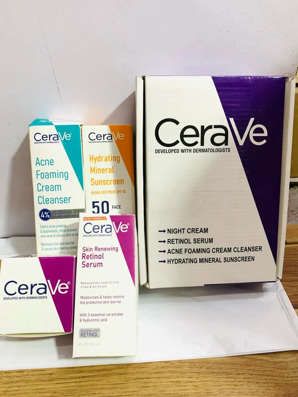 100% Original Cerave 4 In 1 Skincare Kit ( Night Cream, Sunblock, Cleanser & Serum ) For Radiant Skin